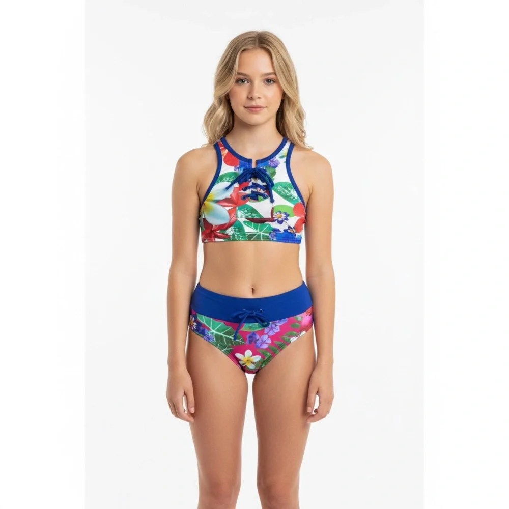 NEW Submarine Girls Hawaiian Floral 2-Piece Tankini Swimsuit Size‎ 14 / 12 Yrs